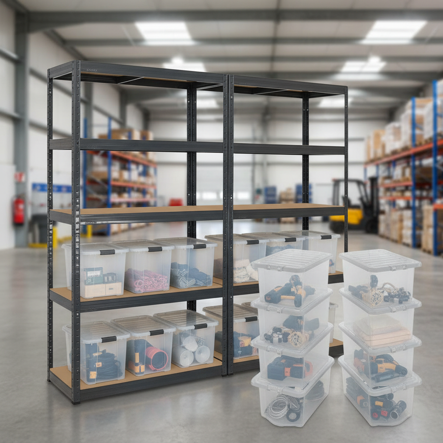 Heavy Duty Shelving Unit with 8x 60L Plastic Storage Boxes - 1800mm High - Front view