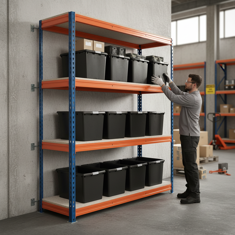 Heavy Duty Shelving Unit with 12x 37L Plastic Storage Boxes - 1800mm High - Front view