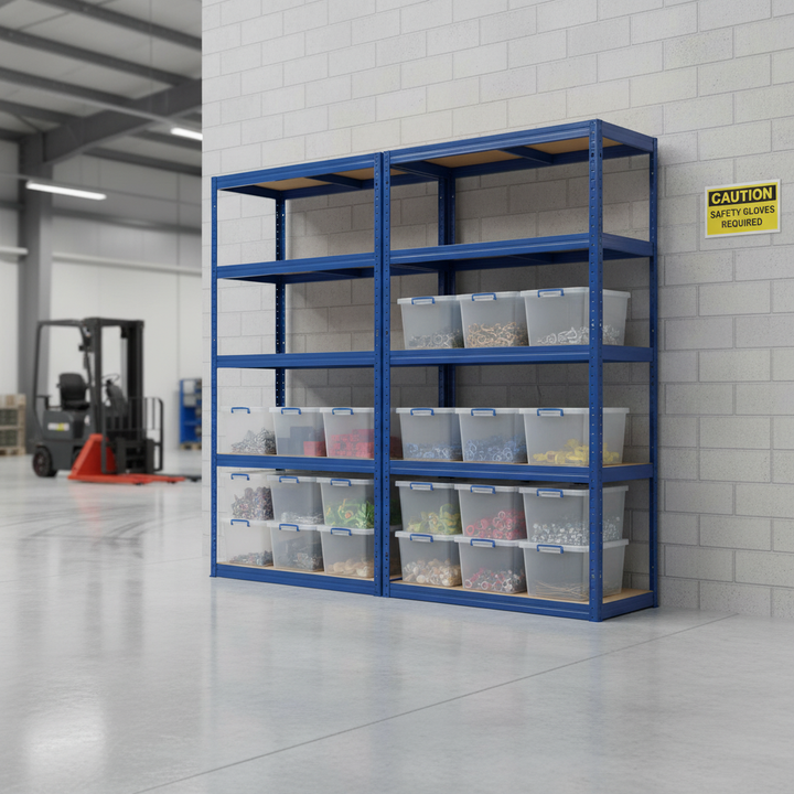 2x Heavy Duty Shelving Units - 2130mm High - Blue with 12x 33.5L Storage Boxes - Front view