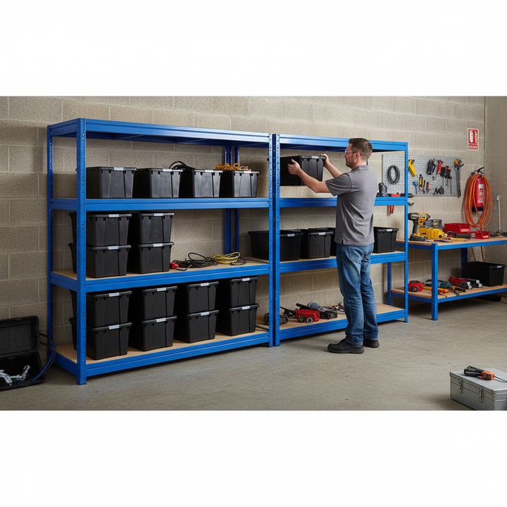 4x Premium Heavy Duty Shelving - 1770mm High - Blue with 12x 37L Plastic Storage Boxes - Front view