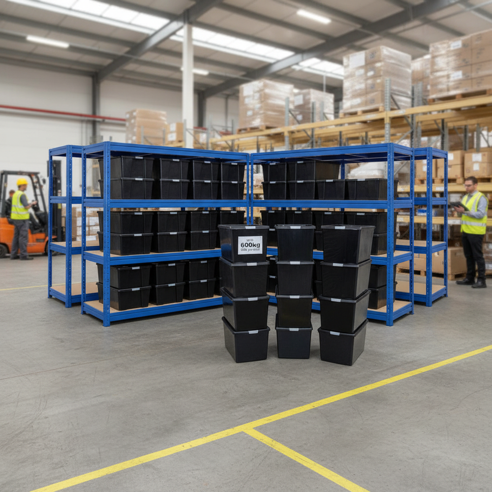 4x Premium Heavy Duty Shelving - 1770mm High - Blue with 12x 62L Plastic Storage Boxes - Side view