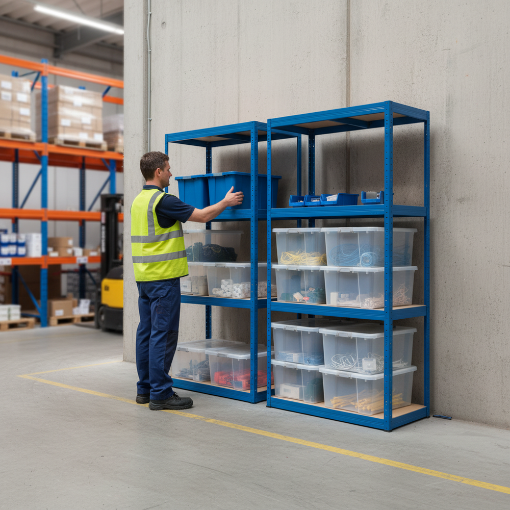 4 Heavy Duty Shelving Units with 8x 60L Plastic Storage Boxes - 1600mm High - Side view
