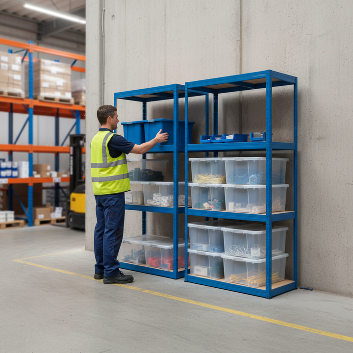 4 Heavy Duty Shelving Units with 8x 60L Plastic Storage Boxes - 1600mm High - Side view