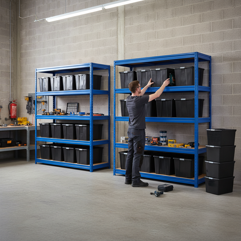 2x Premium Heavy Duty Shelving - 1770mm High - Blue with 12x 62L Storage Boxes - Side view