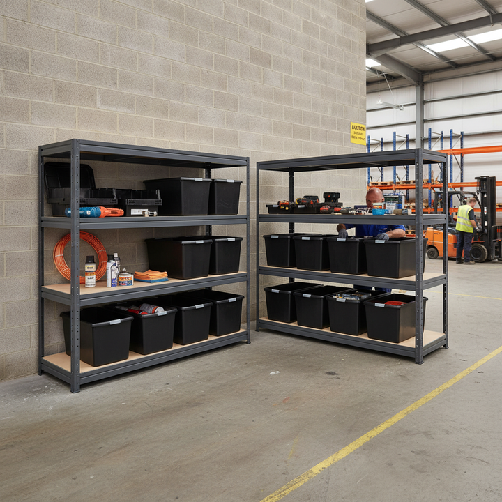 4x Premium Heavy Duty Shelving - 1770mm High - Grey with 12x 62L Storage Boxes - Side view