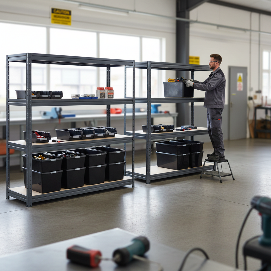 2x Heavy Duty Shelving - 1770mm High - Grey with 8x 62L Plastic Storage Boxes - Front view
