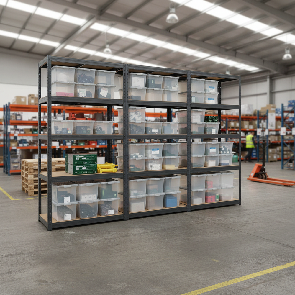 3x Heavy Duty Shelving Units - 1800mm High - Grey with 20x 37L Plastic Storage Boxes - Side view
