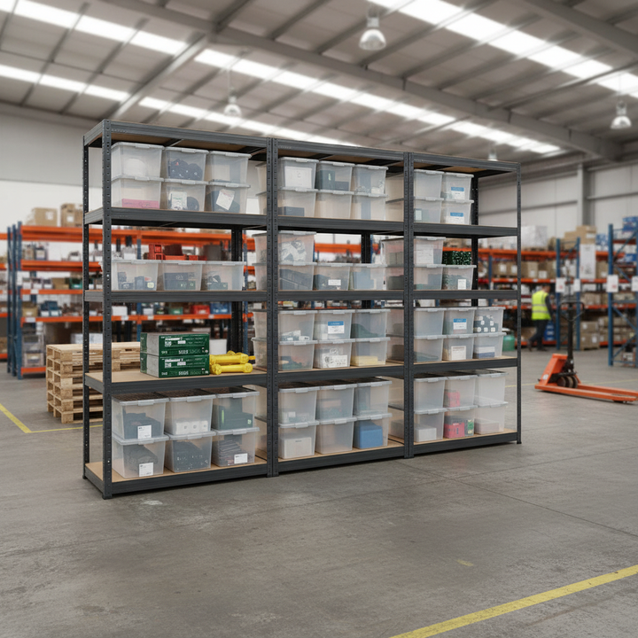 3x Heavy Duty Shelving Units - 1800mm High - Grey with 20x 37L Plastic Storage Boxes - Side view