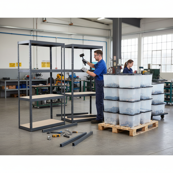 4x Heavy Duty Shelving Units - 1600mm High - Grey with 12x 24L Storage Boxes - Front view
