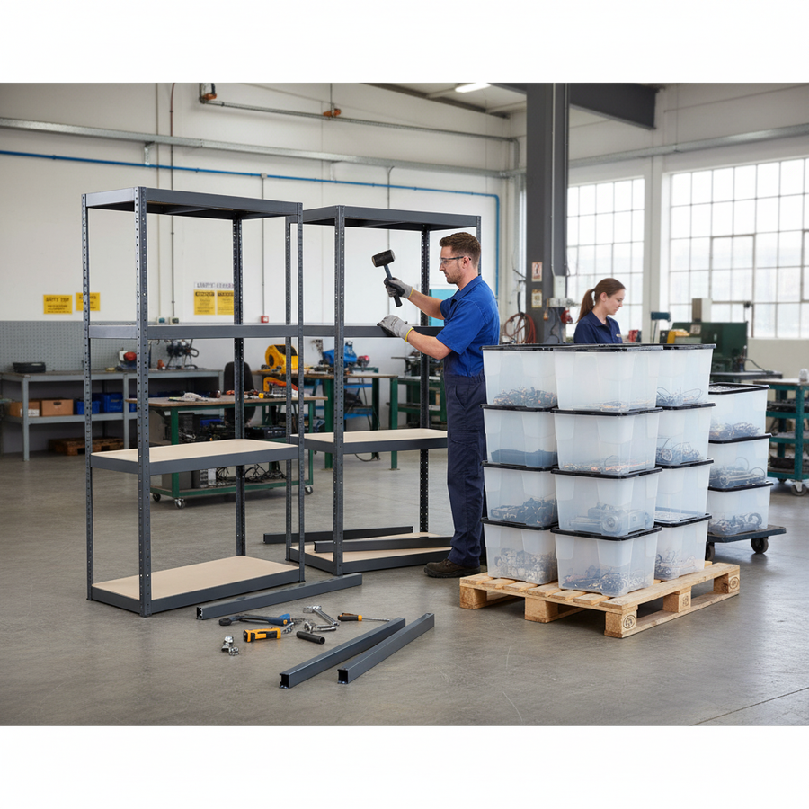 4x Heavy Duty Shelving Units - 1600mm High - Grey with 12x 24L Storage Boxes - Front view