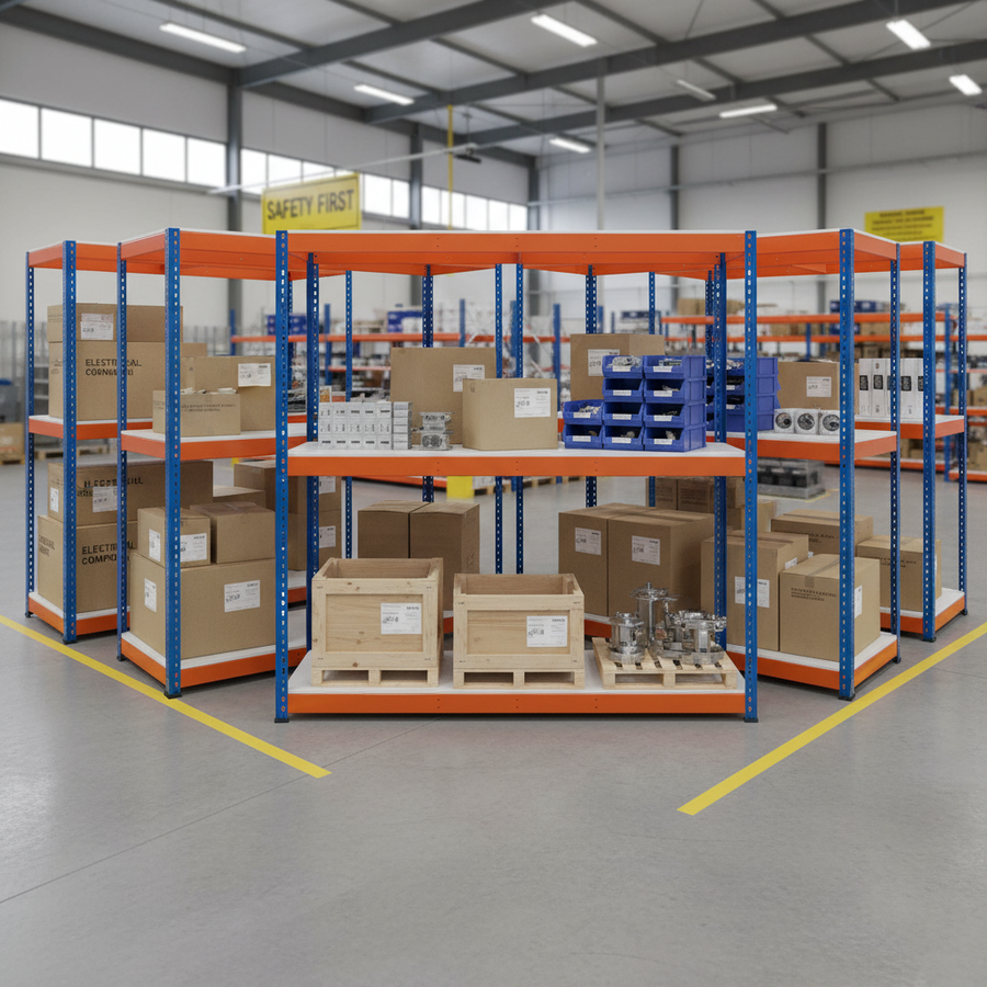 Heavy Duty Industrial Shelving - 2440mm High - 800kg Capacity - Melamine - Blue & Orange - Front view