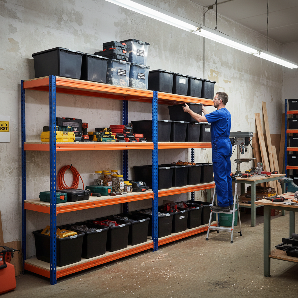 2x Premium Heavy Duty Shelving - 1800mm High - Blue & Orange with 8x 62L Plastic Storage Boxes - Side view