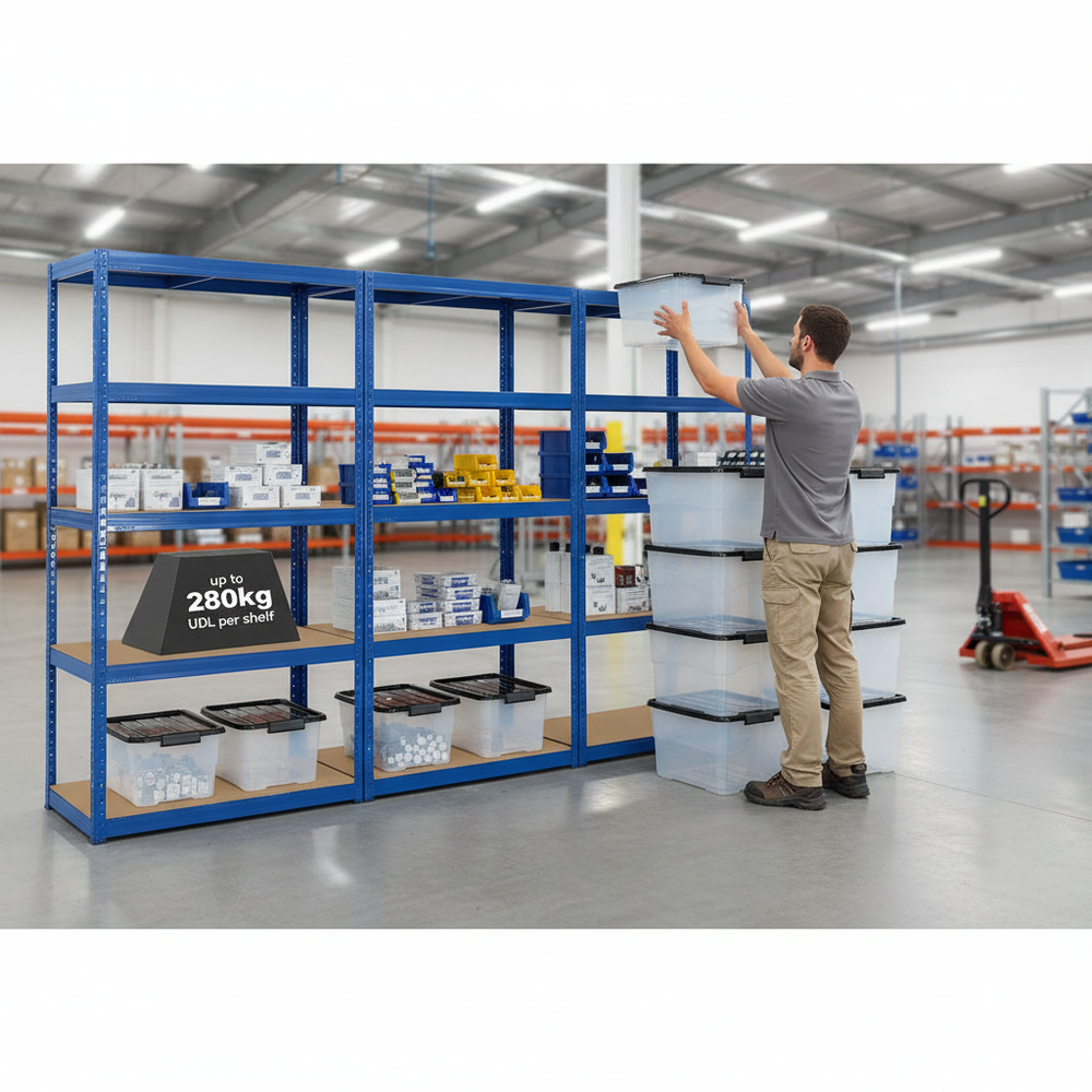 Heavy Duty 3x Shelving Units - 1800mm High with 8x 24L Plastic Storage Boxes - Side view