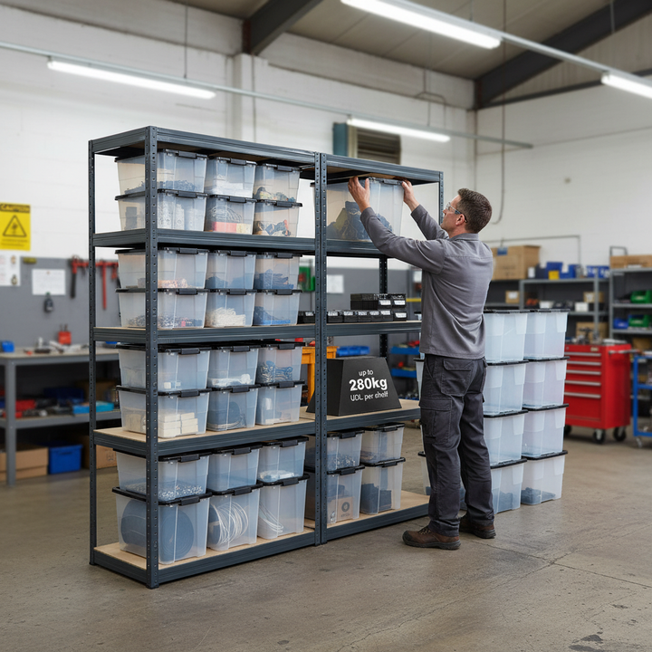 Premium Heavy Duty Shelving Units with 8 Strata Plastic Storage Boxes - 1800mm High - Grey - Side view
