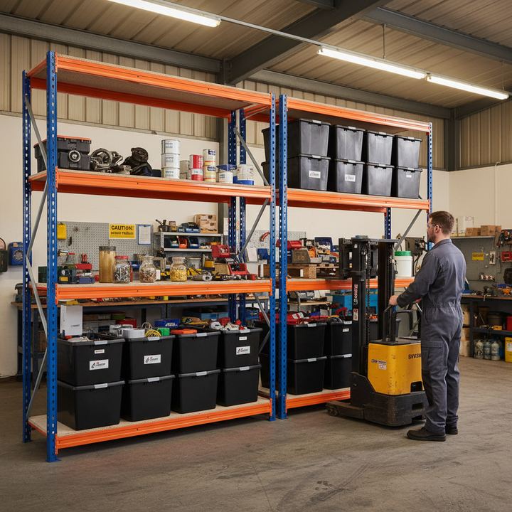 Premium Heavy Duty Shelving with 12x 62L Plastic Storage Boxes - 2200mm High - Side view
