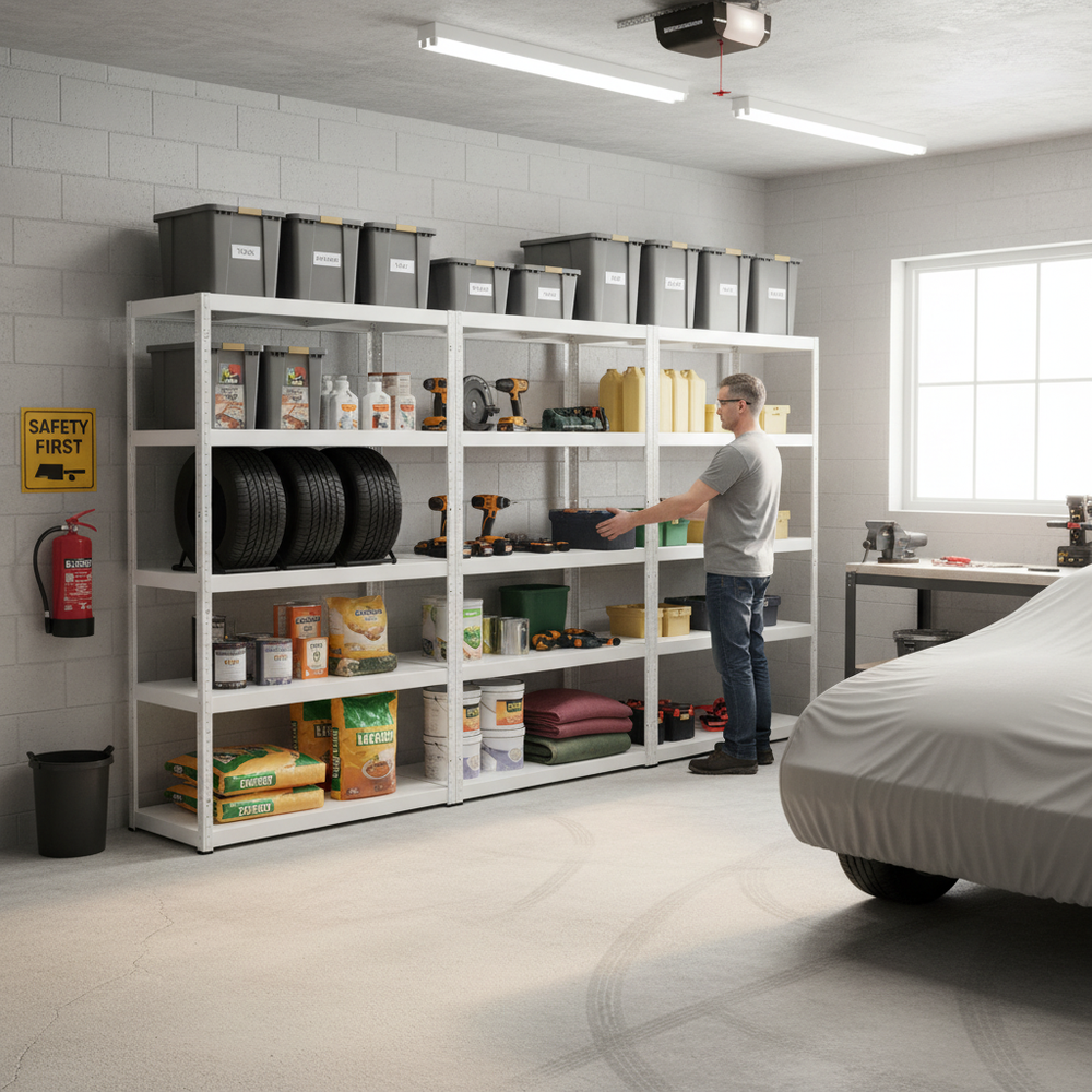 Heavy Duty Metal Garage Shelving - 1800mm High, 90/130kg Capacity - White - Side view