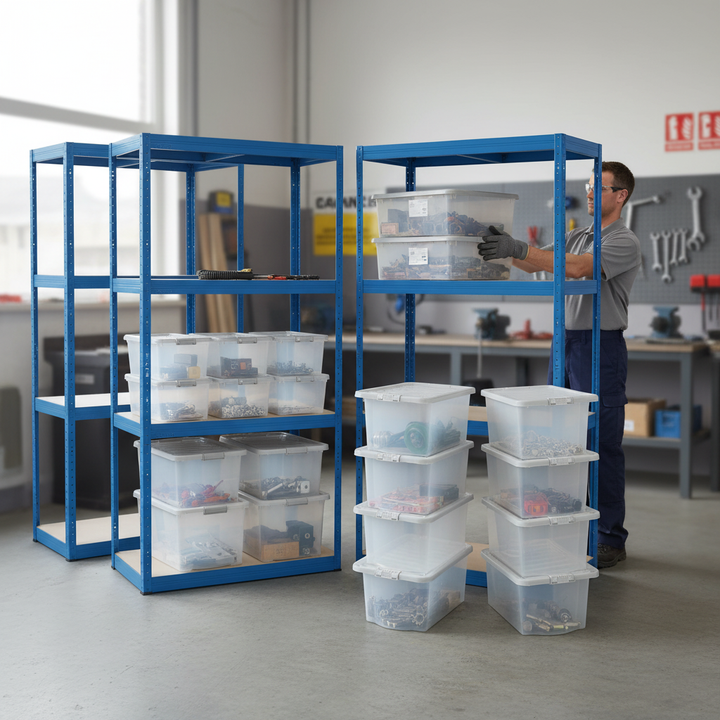 4 Heavy Duty Shelving Units with 8x 60L Plastic Storage Boxes - 1600mm High - Front view