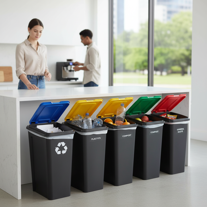 4x 25L Slimline Heavy Duty Recycling Bin with Flip Lid - Multi-Colour - Side view