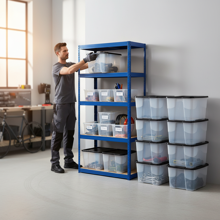 Premium Shelving Unit - 1800mm High with 12x 24L Plastic Storage Boxes - Side view