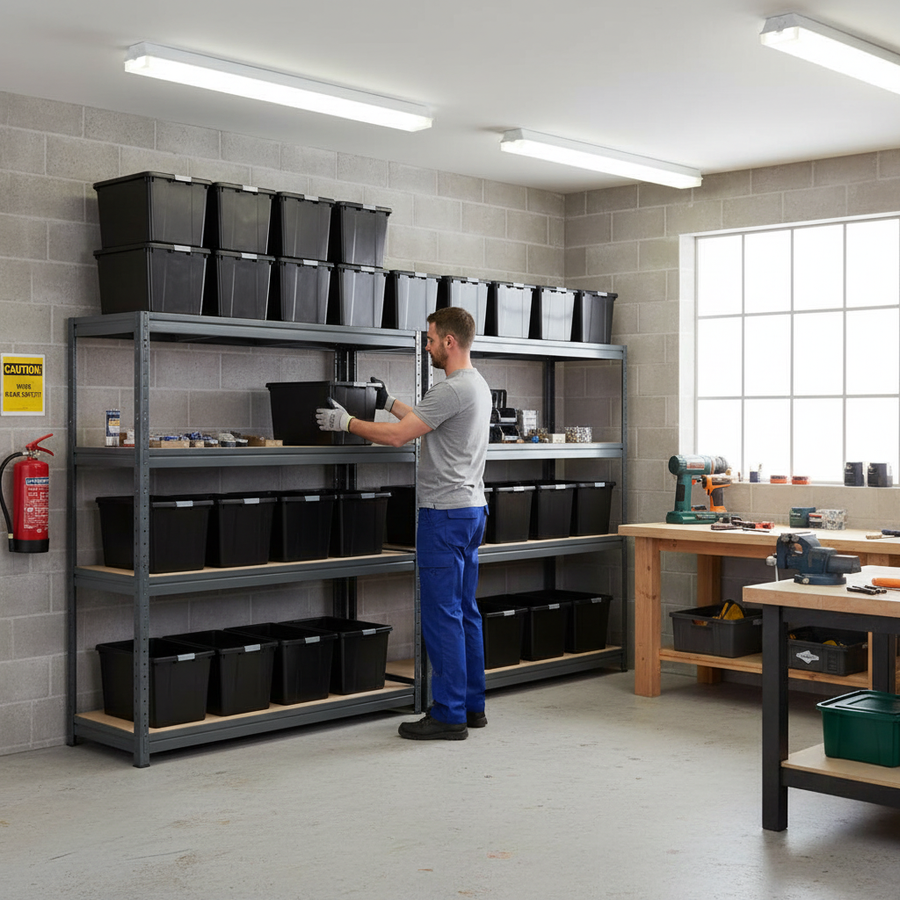 4x Premium Heavy Duty Shelving - 1770mm High - Grey with 12x 37L Storage Boxes - Front view