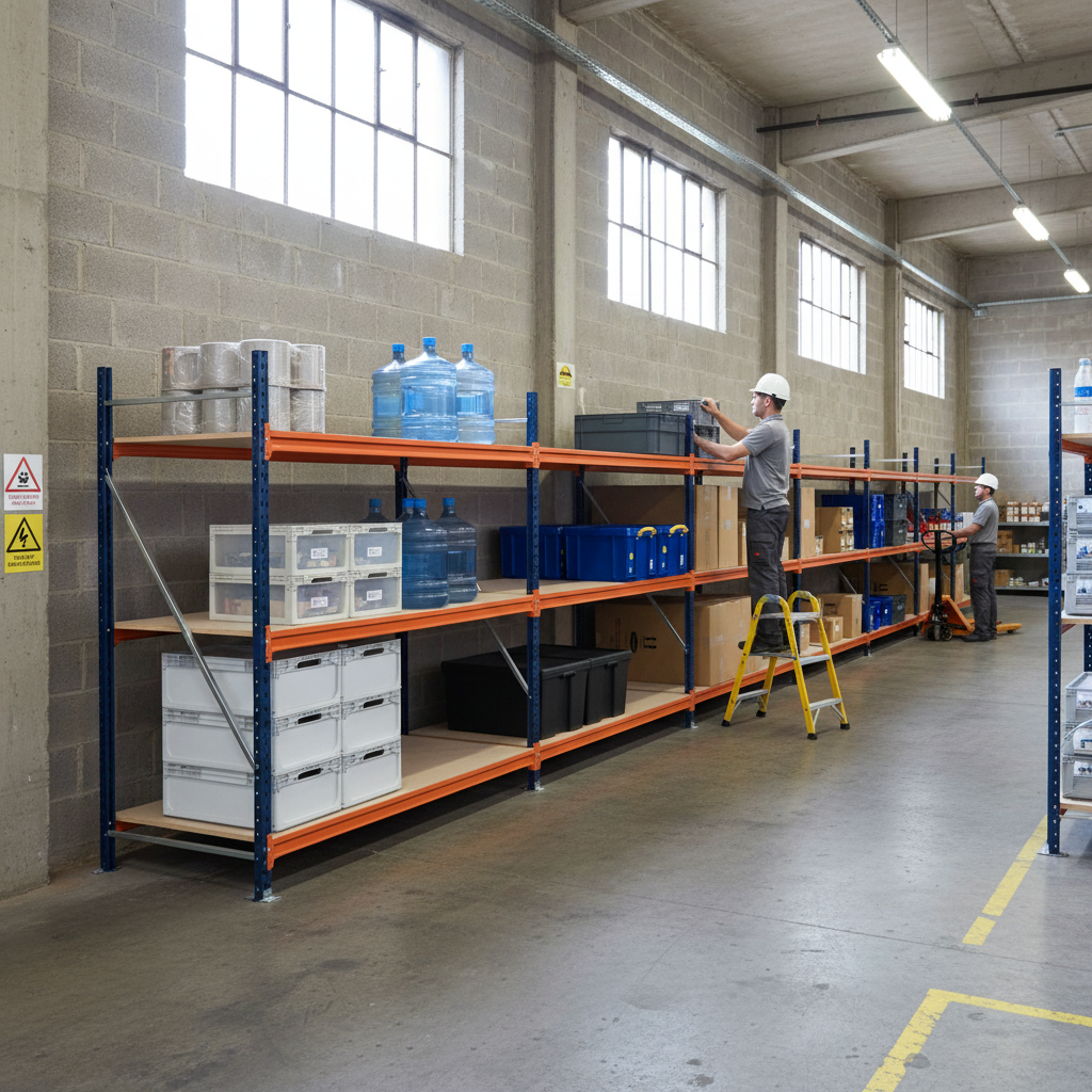 3x Heavy Duty Longspan Shelving - 2000mm High - Blue & Orange - Side view