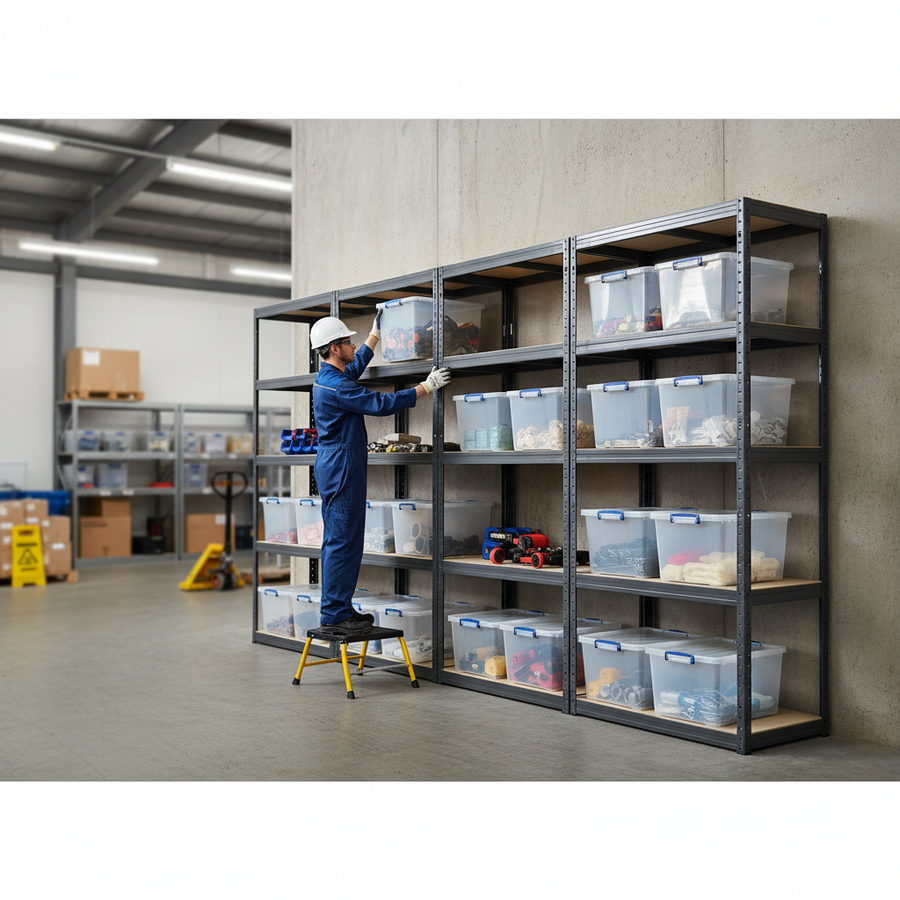4x Heavy Duty Shelving Units - 2130mm High - Grey with 12x 33.5L Storage Boxes - Front view