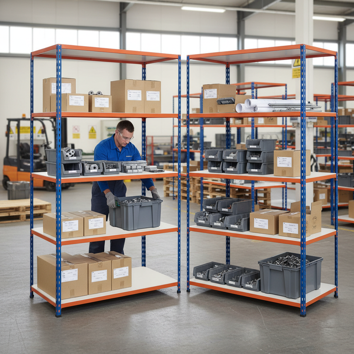 Heavy Duty Industrial Shelving - 2440mm High - 200kg Capacity - Melamine - Blue & Orange - Front view