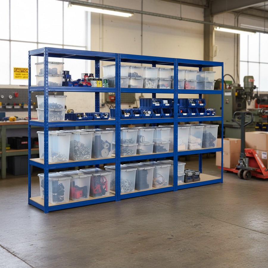 Heavy Duty Shelving Units with 20x 37L Plastic Storage Boxes - 1800mm High - Front view