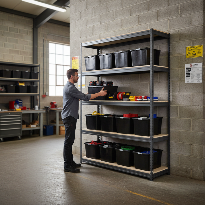 Heavy Duty Shelving Unit - 2000mm High with 12 Durable 37L Storage Boxes - Side view