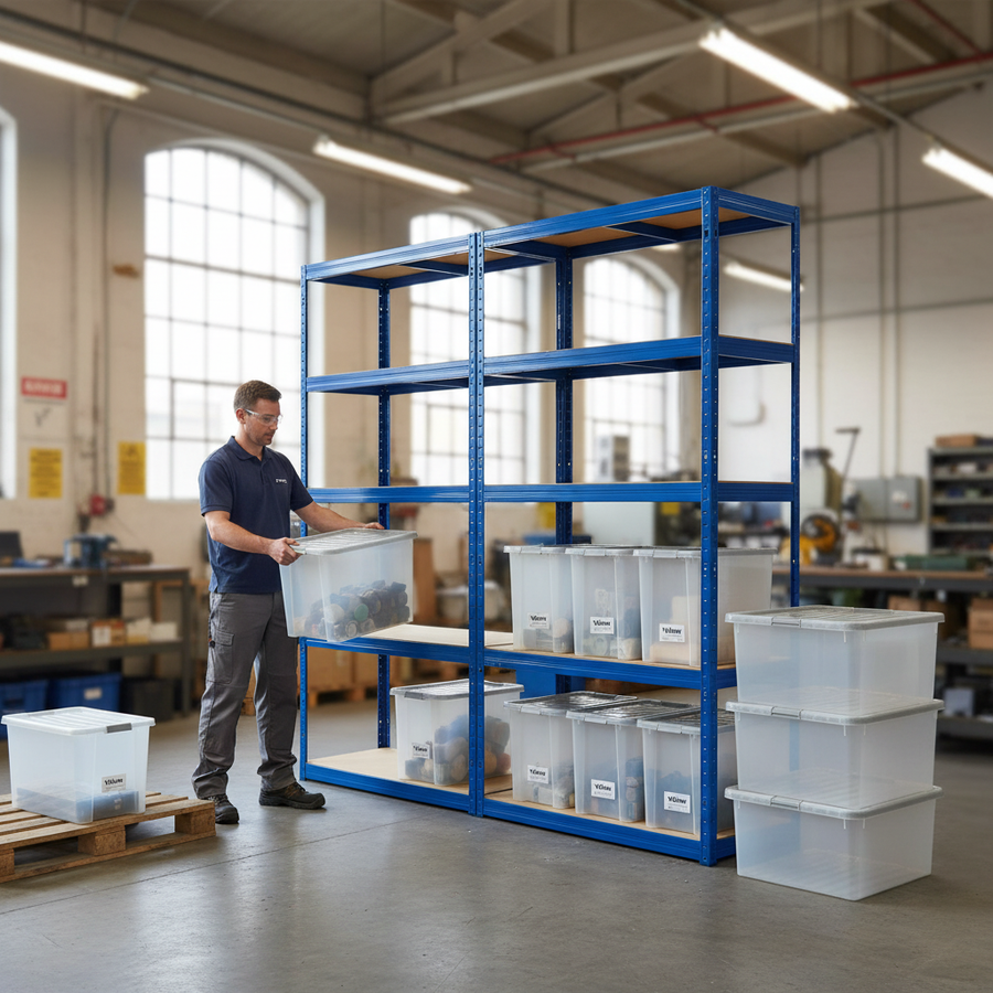 Heavy Duty Shelving Units with 8x 60L Plastic Storage Boxes - 2130mm High - Front view