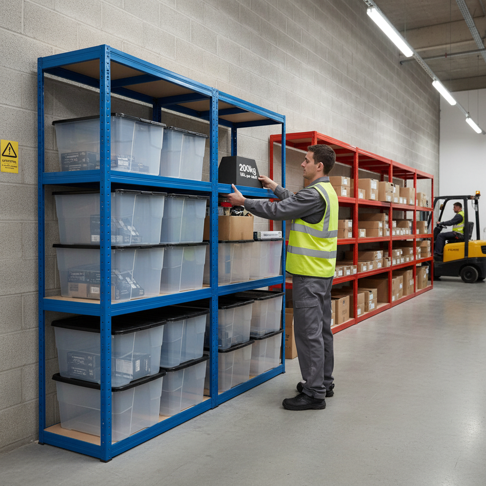 Heavy Duty Shelving Unit - 1600mm High with 12x 24L Storage Boxes - Side view