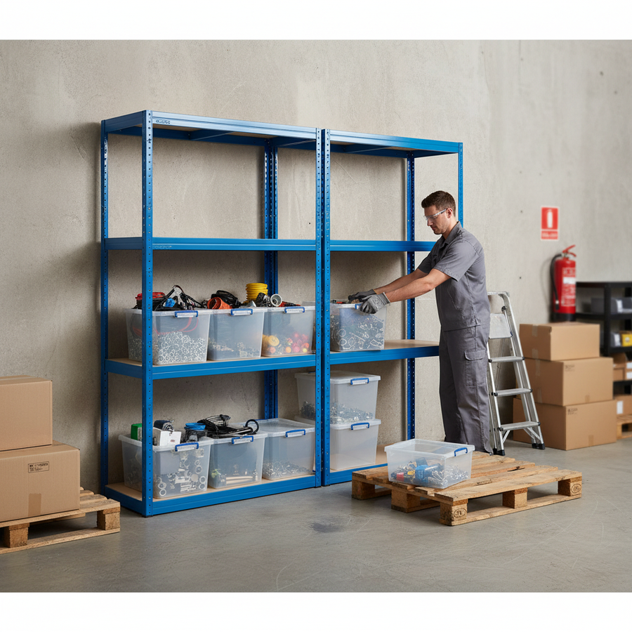 4 Heavy Duty Shelving Units - 1600mm High - Blue with 8x 33.5L Storage Boxes - Front view
