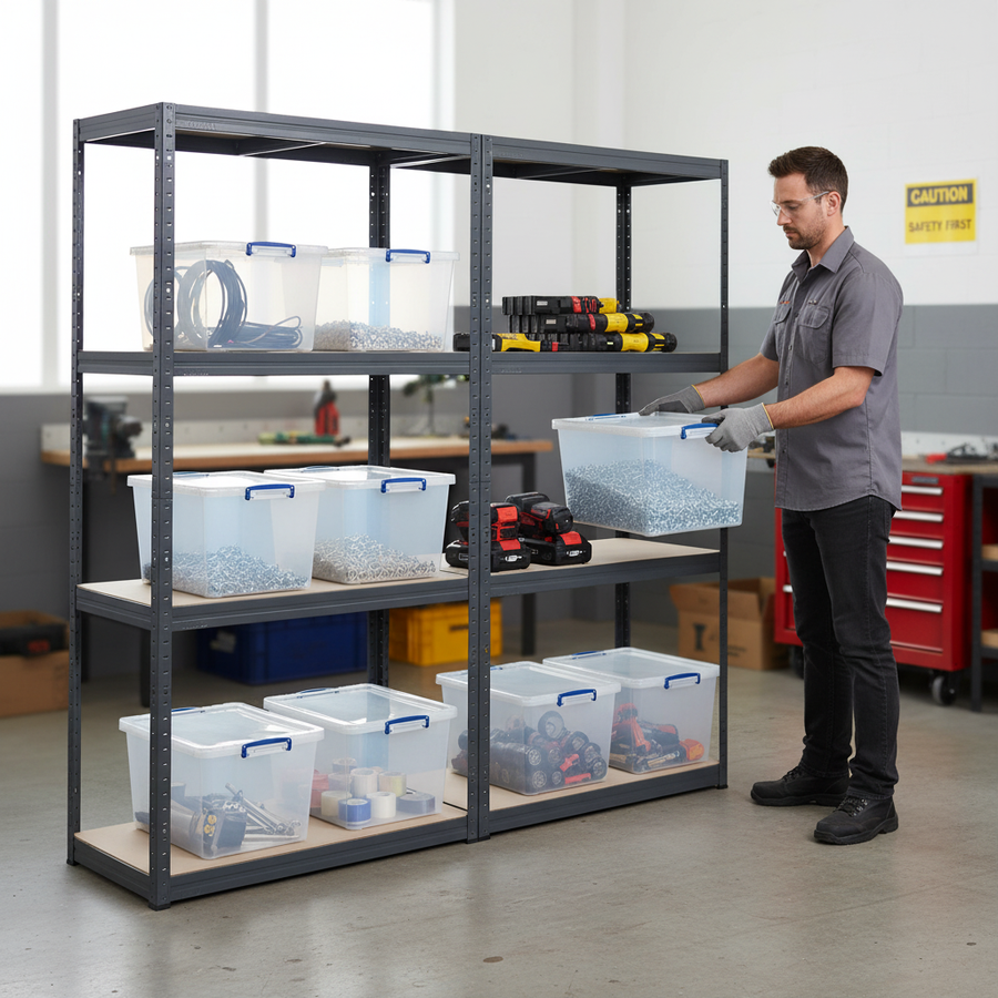 Heavy Duty Shelving Units with 8x 33.5L Storage Boxes - 1600mm High - Grey - Front view