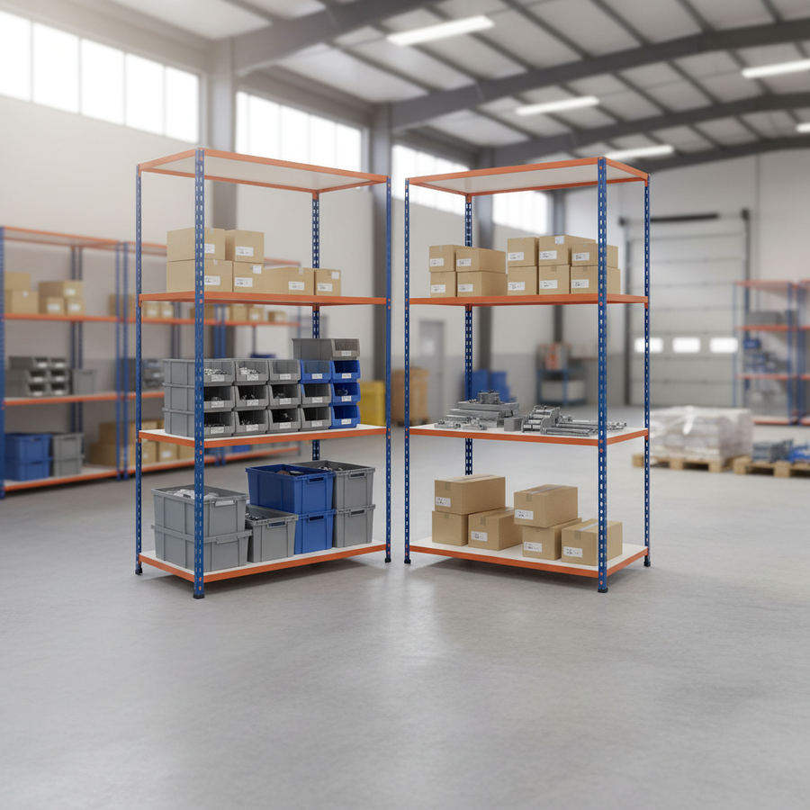 Premium 4x Industrial Shelving - 2440mm High - 340kg Capacity - Melamine - Blue & Orange - Front view