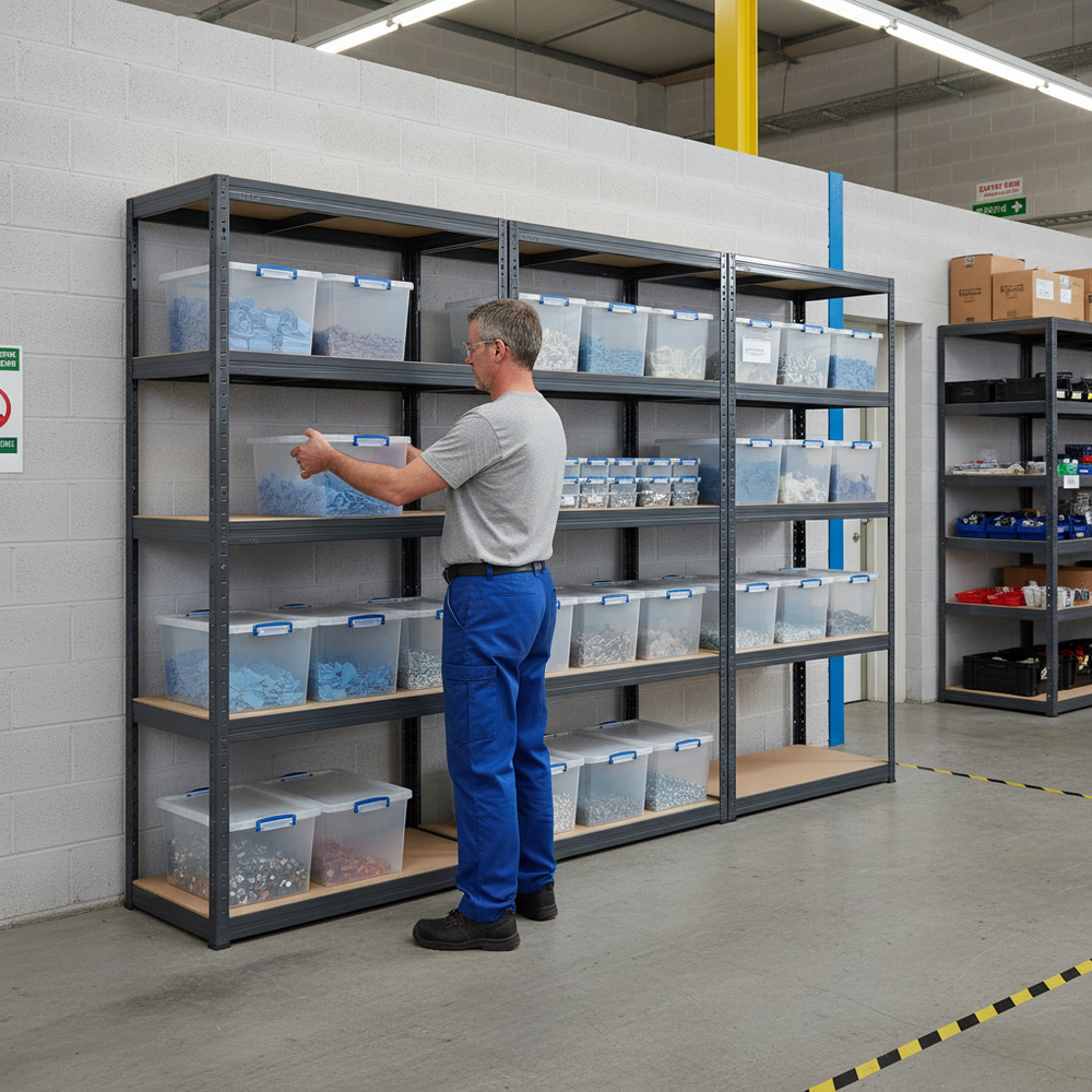 3x Heavy Duty Shelving Units - 2130mm High - Grey with 12x 33.5L Storage Boxes - Side view