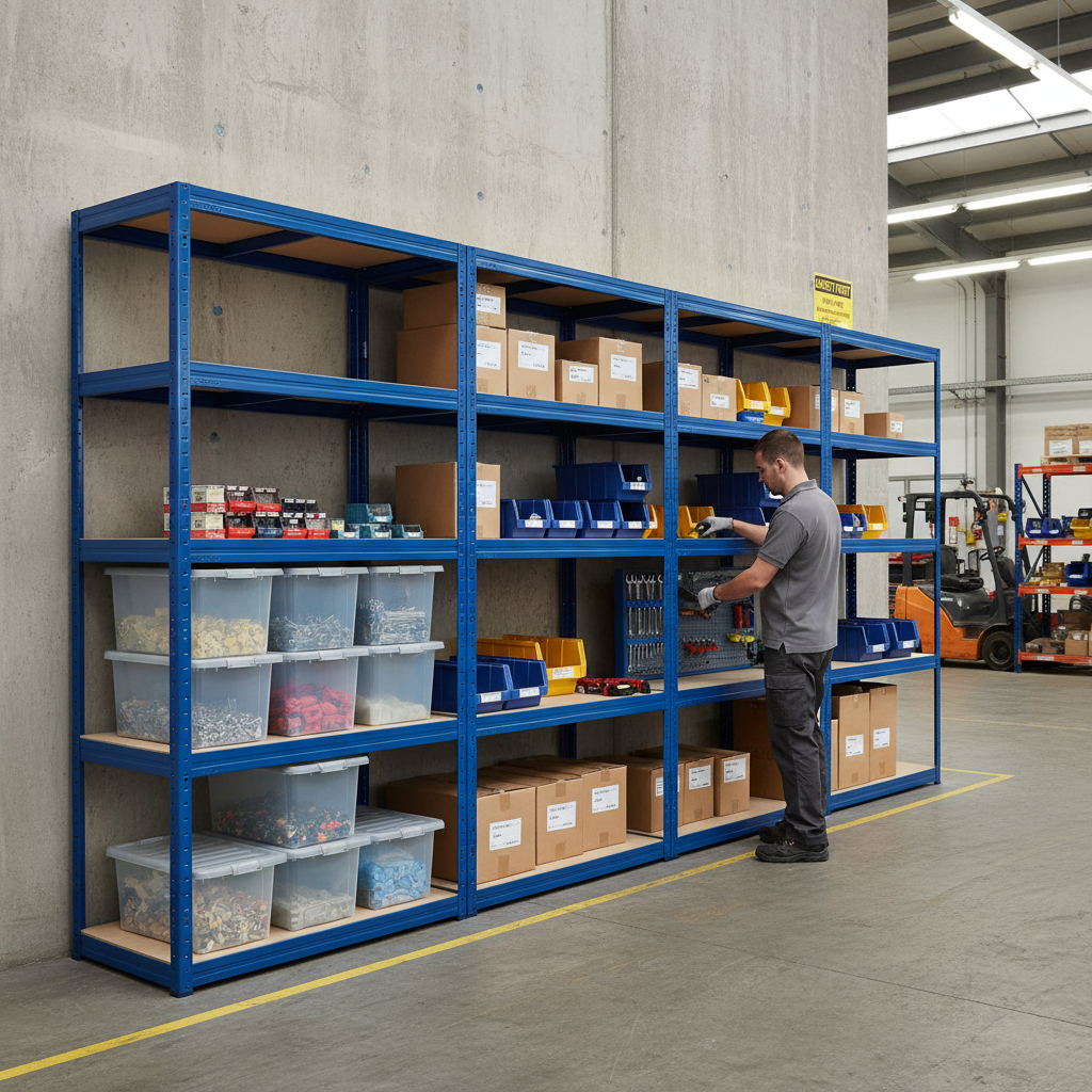 Premium 3x Shelving Units - 1800mm High - Blue with 10x 37L Storage Boxes - Side view