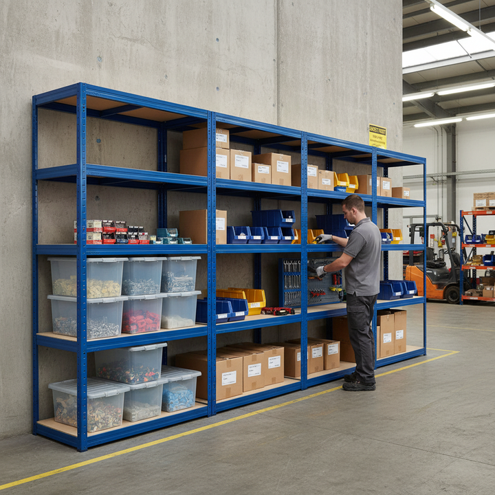 Premium 3x Shelving Units - 1800mm High - Blue with 10x 37L Storage Boxes - Side view