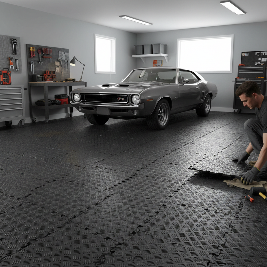 Heavy Duty Garage Floor Tiles with Tread Plate Surface - Front view