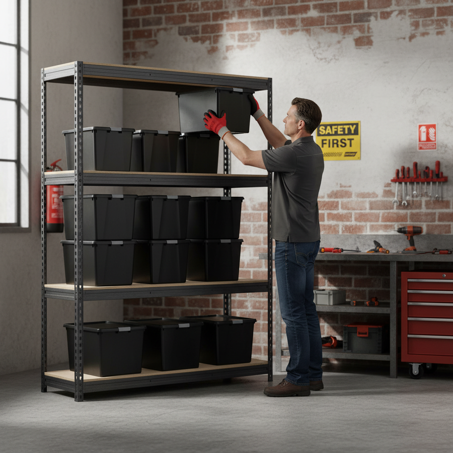 Heavy Duty Shelving Unit - 2000mm High with 12 Durable 37L Storage Boxes - Front view