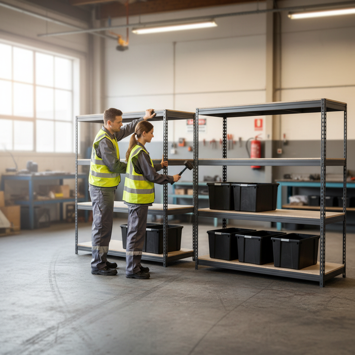 4x Premium Heavy Duty Shelving - 2200mm High - Grey with 8x 37L Plastic Storage Boxes - Front view