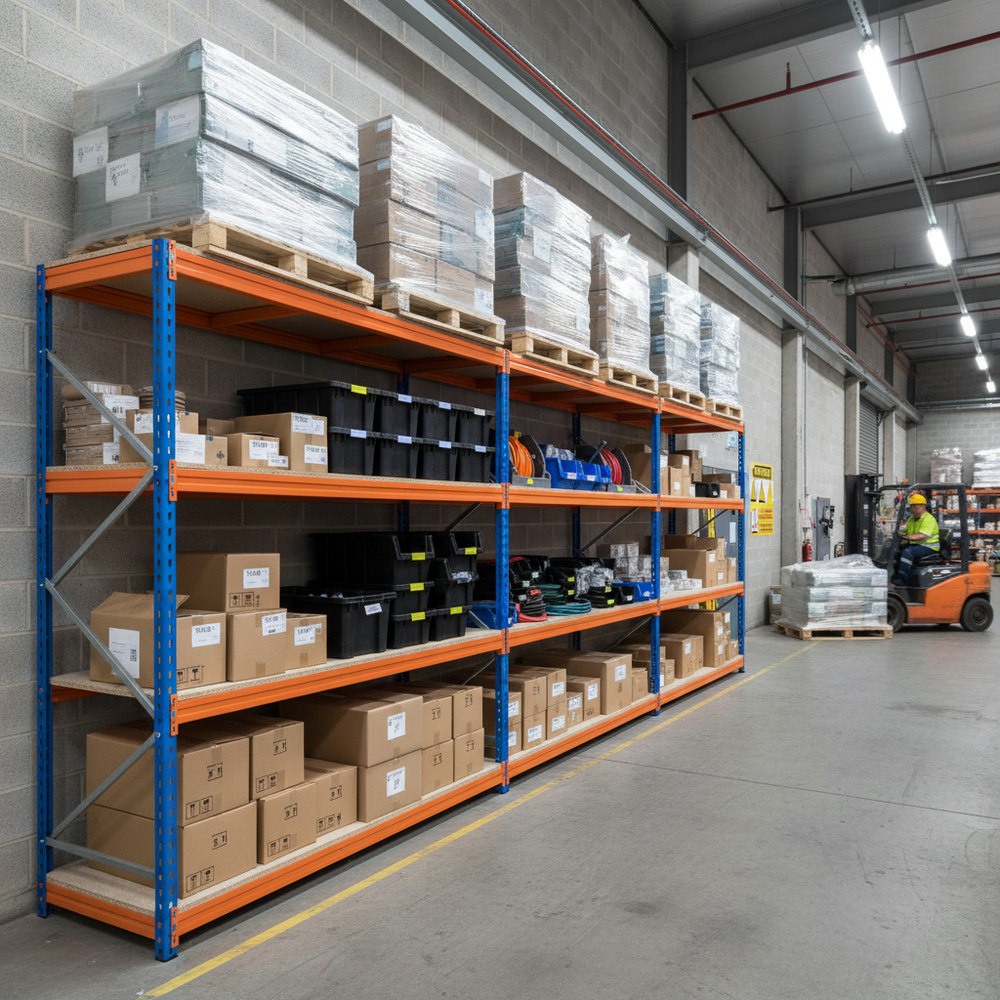 Heavy Duty Industrial Shelving - 1800mm High - 500kg Load Capacity - Blue & Orange - Side view