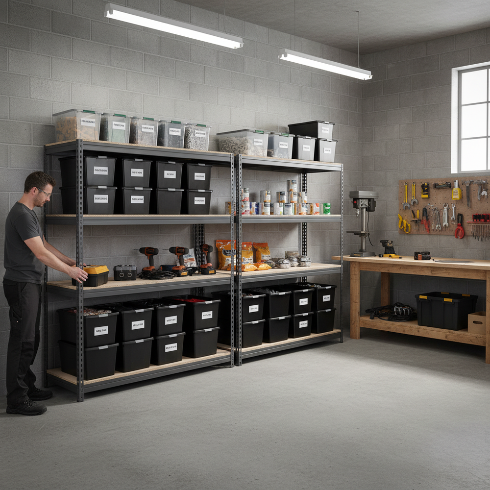 4x Heavy Duty Shelving Units - 1800mm High - Grey with 12x 62L Plastic Storage Boxes - Side view