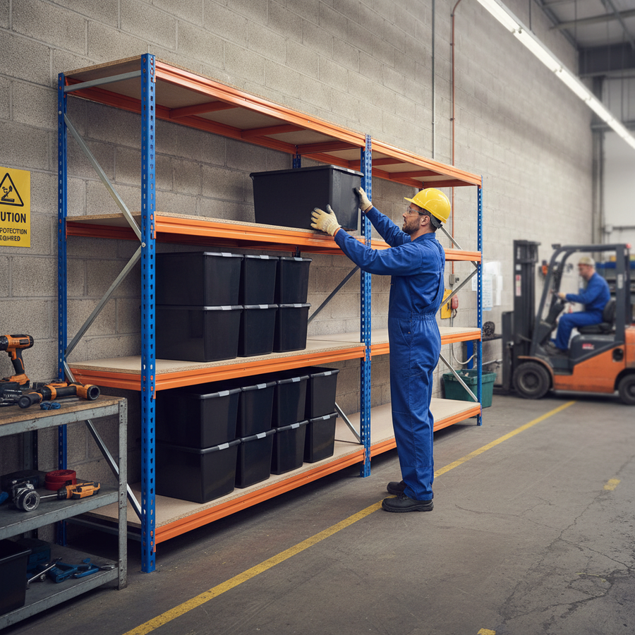 3x Heavy Duty Shelving - 2000mm High - Blue & Orange with 12x 62L Plastic Storage Boxes - Front view