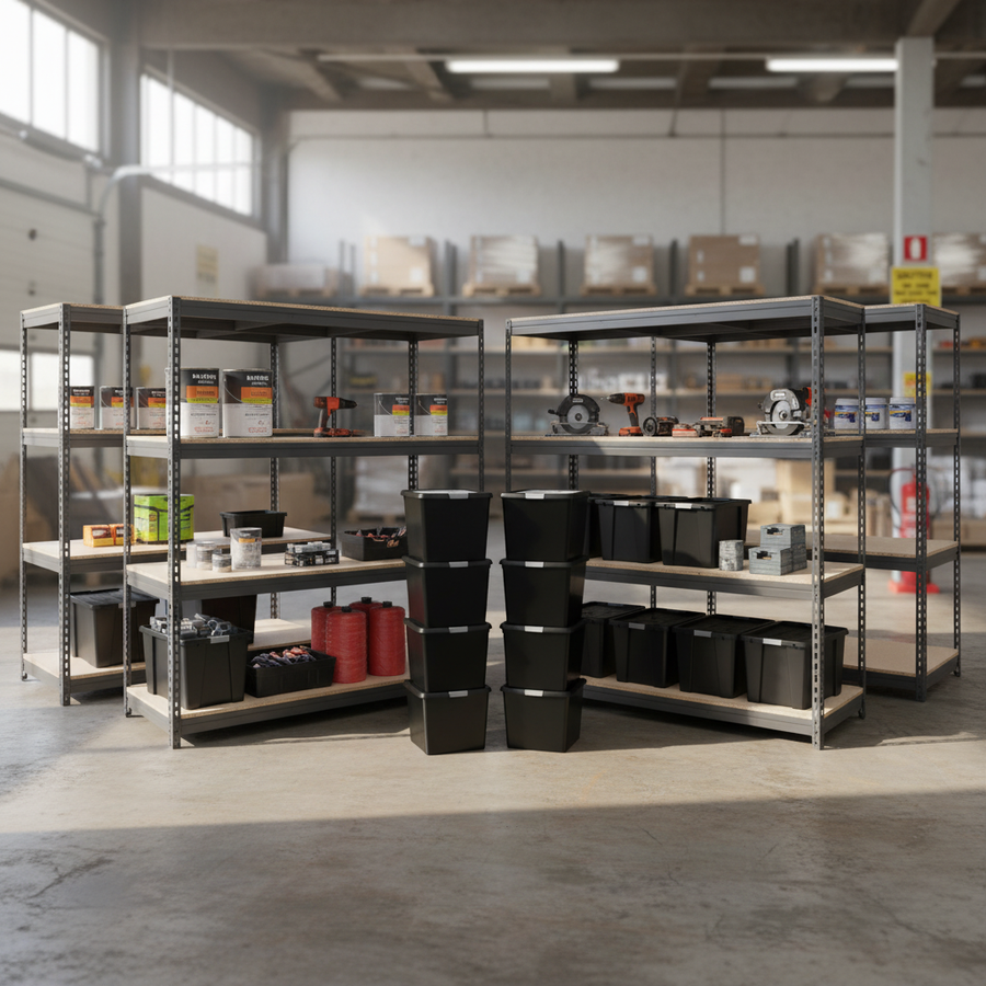 4x Premium Heavy Duty Shelving - 2000mm High - Grey with 8x 37L Storage Boxes - Front view
