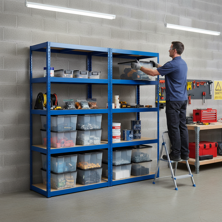 Premium 2x Shelving Units - 1800mm High - Blue with 12x 24L Storage Boxes - Side view