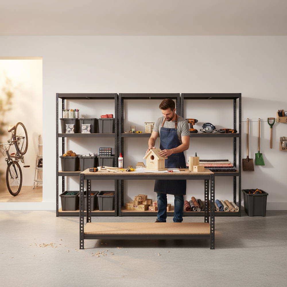 3x Premium Shelving Units - 1600mm High & 1x Heavy Duty Workbench - 1600mm Wide - Grey - Side view