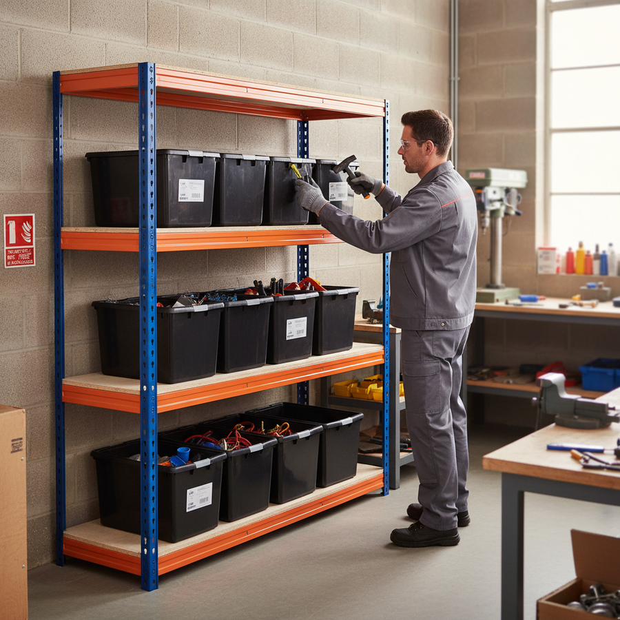 Heavy Duty Shelving Unit - 2200mm High with 8x 37L Storage Boxes - Front view
