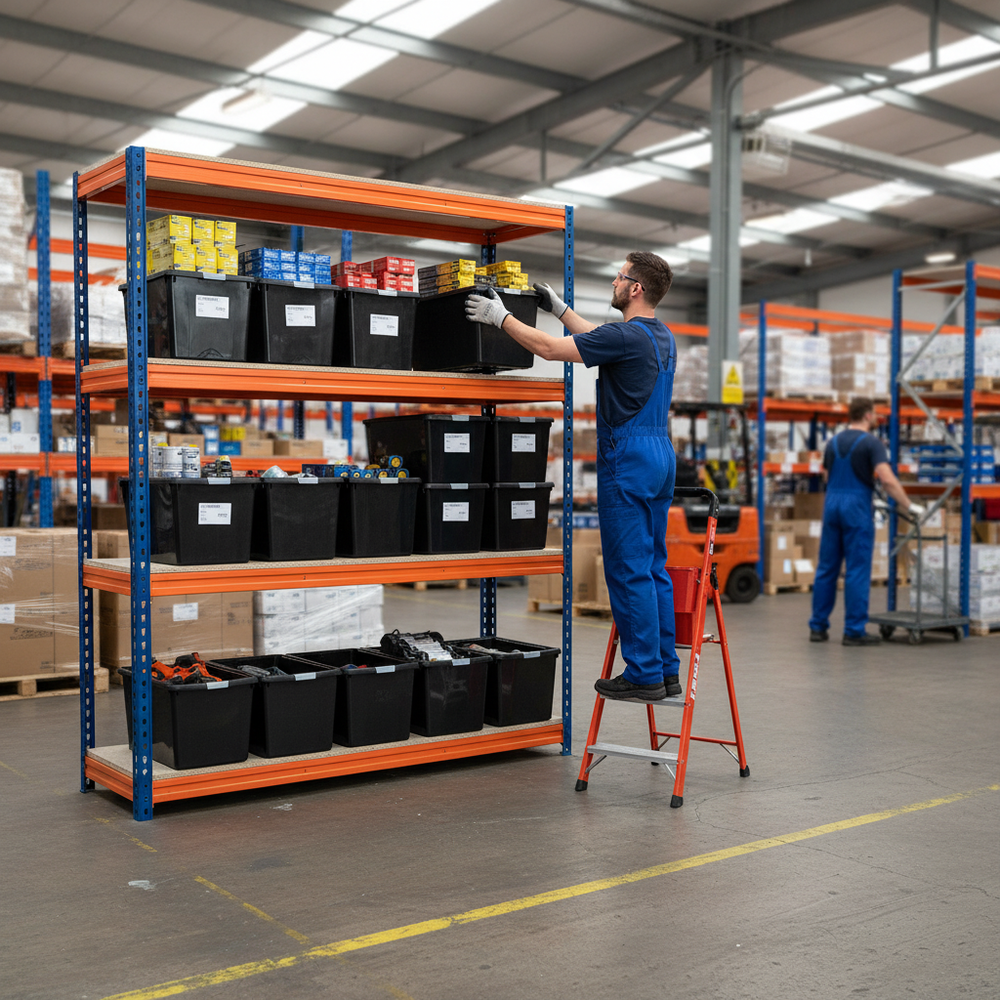 Heavy Duty Shelving Unit - 2200mm High with 12x 37L Storage Boxes - Side view