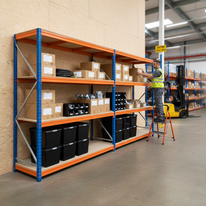 Premium Heavy Duty Shelving Unit - 2200mm High with 8x 62L Storage Boxes - Side view