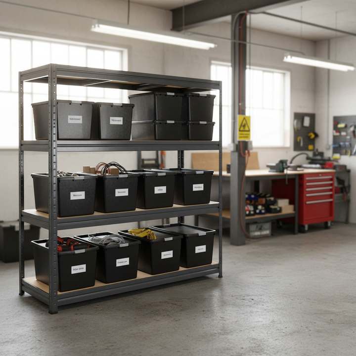 Premium Heavy Duty Shelving with 12x 62L Plastic Storage Boxes - 1770mm High - Front view